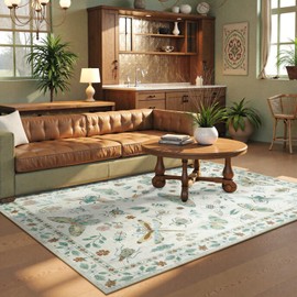 Beeiva Insect Print Rug 5x7, Washable Throw Rugs for Bedroom, Non Slip Soft Low Pile Ultra Thin Foldable Carpet for Office Kids Room Playroom Nursery Living Room Classroom Decor(Beige,5x7ft)