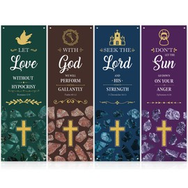 4Pcs Church Banners with Scripture for Sanctuary Wall Worship Classical Christian Banner Inspirational Religious Praise Hanging Sign Marble Welcome Backdrop for Church Sunday School Decorations