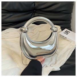 GSYPS Acrylic Evening Clutch Purse Top-handle Moon Hobo Bag, Unique Metallic Handbag for Wedding Party Mirror Shoulder Bag D-Silver