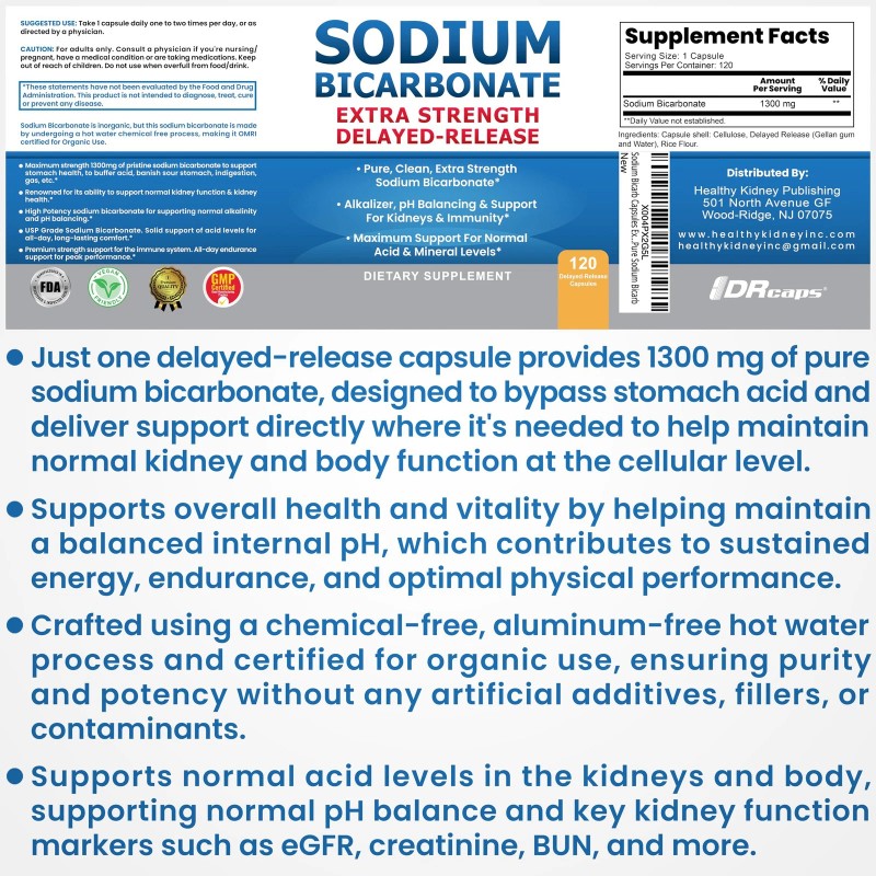 Kidney Restore Sodium Bicarbonate Capsules 1300mg – Extra Strength, 120