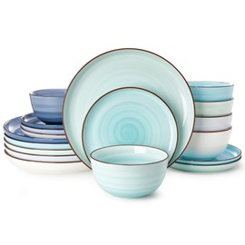 Sweese Plates and Bowls Sets, 18 Piece Dinnerware Set Porcelain Round Dinner Set for 6, Scratch Resistant Dishes Set, Dishwasher and Oven Microwave Safe Handpainted Swirl Dishware Sets, Assorted Blue