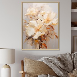 DesignQ Hibiscus Oversized Brown Framed Wall art decor, Hibiscus Wall Art, Hibiscus Painting In Beige, beige Canvas wall art, 24x32 inches