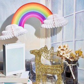 WILLBOND 4 Pieces Rainbow Honeycomb Paper Centerpiece Rainbow Party Table Decoration Cloud No Crease Converting Centerpieces for Tables Christmas Birthday Party