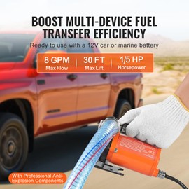 Happybuy Fuel Transfer Pump, 12V DC 8 GPM 1/6 HP - Portable Electric Diesel Transfer Pump with Auto Shut-Off Fuel Nozzle, Long Inlet & Outlet Hose for Gasoline, Diesel, Kerosene, and Methanol Blends