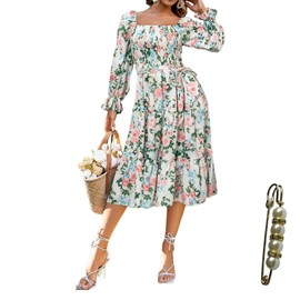 Yazinie Women Square Neck Floral Dress Long Sleeve Boho Dress for Women Wedding Guest Dress Pink Rose