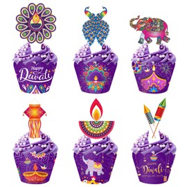 12 Pcs Happy Diwali Cupcake Toppers and Wrappers Set,Purple Indian Deepavali Cupcake Decoration Indian Diwali Festival Party Decorations for Hindu Diwali India Festival of Lights Party Supplies