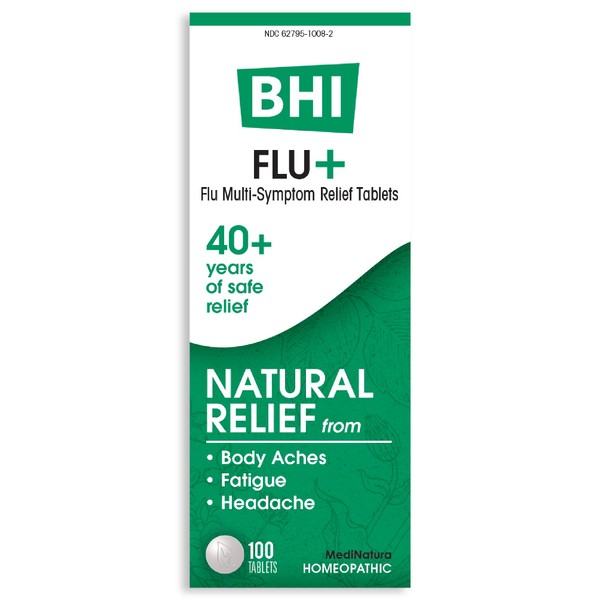 BHI Flu + Cold Multi-Symptom Relief Natural Safe Non-Drowsy Remedy 11 Targeted Homeopathic Active Ingredients for Body Aches, Fatigue, Chills & Headache - 100 Tablets
