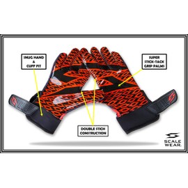 Scale Wear Black Stealth Grip Football Gloves with Tach Silicone Grip Palms. Men's & Youth Boys Sticky Football Receiver Gloves (Black-Red, Youth-Small)