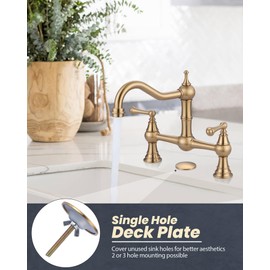 WOWOW Gold Bridge Kitchen Faucet 2 Hole Antique Brass Bridge Faucet 2 Handle 8 Inch Centerset Farmhouse Kitchen Sink Faucet 360° Swivel Vintage Tap