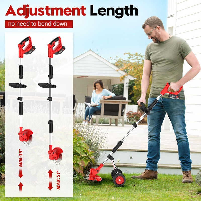 Cordless Weed Wacker with Wheel, Electric Weed Eater Battery Powered