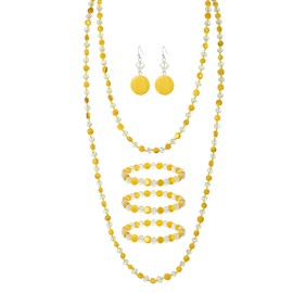 Xalroco Trendy Infinity Wrap 60’’ Long Statement Necklace, Earrings and Bracelet Set - Hand Knotted Versatile Crystal and Shell Beads Strand Necklace and Chunky Beaded Stretch Bracelet Stack – Jewelry Set Gift for Women (yellow)