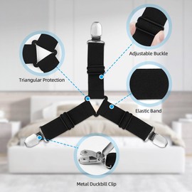 AUAUY Bed Sheet Clips, Bed Sheet Tensioners, Adjustable, Pack of 4 Elastic Tensioners for Bed Sheets, Sheet Tensioners with Metal Clips, Bed Sheet Tie Down Straps for Bed Sheet, Mattress, Ironing