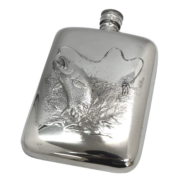 A.E. Williams Pewter Hip Flask Fishing Fishing Fish 180ml 6oz Made in UK