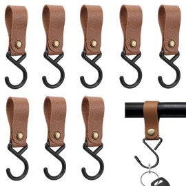 GVPOELR Pack of 8 Leather S Hooks, S Hooks with Leather Loop, Portable Camping Hanging Hook, S Shaped Hooks, Metal S Shaped Hooks for Hanging, for Travel, Camping, Home, Brown