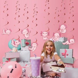 8Pcs Axolotl Hanging Swirls Happy Birthday Pink Aquatic Creature Hexagonal Dinosaur Cartoon Axolotl Birthday Party Spiral Decor Supplies Sea fish Creatures Ceiling Decorations for Boys Girls Kids