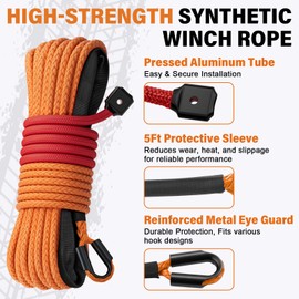 HOKINETY Synthetic Winch Rope Kit - 1/4" x 50' 10000 lbs Synthetic Winch Cable for ATV UTV Off-Road Vehicles with Forged Hook, Rubber Stopper, Protective Sleeve and Safety Pull Strap - Orange