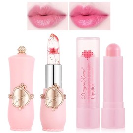 Crystal Flower Jelly Lip Balm,Changing Lipsticks,Lasting Nutritious Natural Moisturizing gentle colorless Lipstick Lip Gloss (Pink Flowers, 2pcs)
