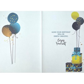 Open Male Birthday Card - Blue Yellow Presents Balloons and Gold Foil 7.75x5.25"