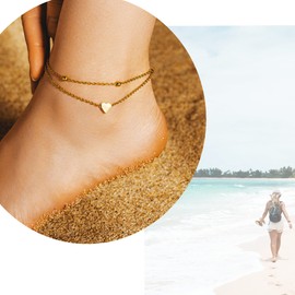 VICKWOOD Anklets for Women 20 cm to 30 cm Waterproof Stainless Steel 18 K Gold-Plated Gold/Rose Gold/Silver with Heart //Smiley / Plate Gift for Women, Stainless Steel