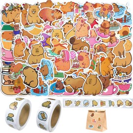 Cute Brown Stickers Waterproof, 100 PCS Capybara with 2 Rolls Round Cartoon Animal Stickers, Kawaii Animal, for Laptop, Journals, Water Bottles