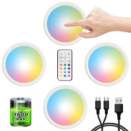 LED Under Counter Lights for Kitchen,Rechargeable RGB Under Cabinet Lights Battery Operated with Remote Shelf Lighting Tap Light Magnetic Push Lights Touch Light Stick on for Closet Classroom Wireless