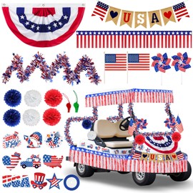 Cinrobiye 4th of July Golf Cart Decoration Kit Patriotic Parade Golf Cart Parade Car Decor with USA Bunting Flag Paper Fans Tinsel Garland Cutout Pinwheel for Independence Day Party Decor Supplies