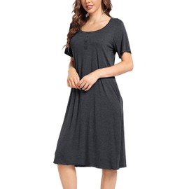 Vlazom Women's Nightdress, Ladies Soft Nighties U-Neck Nightshirts Short Sleeve Sleep Dress Nightgown Sleepwear,C-Charcoal,L