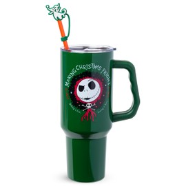 Silver Buffalo Disney Nightmare Before Christmas Making Xmas Fright Featuring Jack Skellington & Zero Stainless Steel Tumbler with Handle, Straw, and Straw Cap, Fits in Standard Cup Holder, 40 Ounces