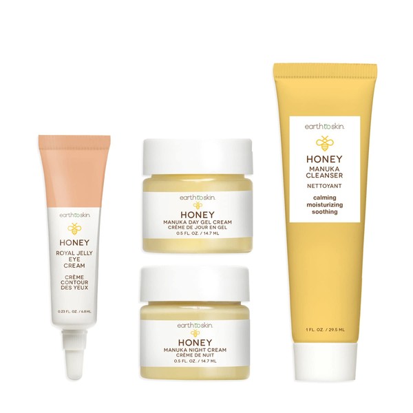 Earth To Skin Facial Care Starter Set: Manuka Honey Cleanser (1.0 Fl Oz), Day Gel Cream (0.5 Fl Oz), Night Cream (0.5 Fl Oz), and Royel Jelly Eye Cream (0.23 Fl Oz)