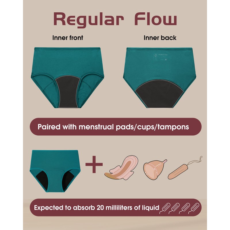 BAMBOO COOL Womens Period Underwear Heavy Flow Absorbent Panties High