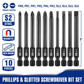 WORKPRO 10pcs Slotted Phillips Screwdriver Bit Set, S2 Steel Magnetic Screwdriver Bits Set, CNC Machined Tips, 1/4 Inch Hex Shank Driver Bits, 3 Inch Long Screwdriver Bits Set with Storage Box