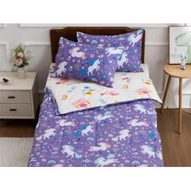 NTBED Unicorn Printed Zipper Bedding Sets Twin Lightweight Microfiber Floral Comforter Sets with Fitted Sheet Pillow Covers,Purple