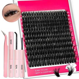 DIY Lash Clusters Kit Fluffy 80D 100D Individual Lashes D Curl Cluster Eyelash Extensions 10-18mm DIY Lash Extension Kit Lash Bond and Seal Waterproof, Lash Applicator, Thick False Eyelashes Kit:_200D(Lashes Only)
