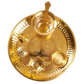 UD_The Fine Living Co. Exquisite Gold Plated Pooja Thali   Decorative Serving Plate Set of 1 for Hindu Rituals Ceremonies Puja D