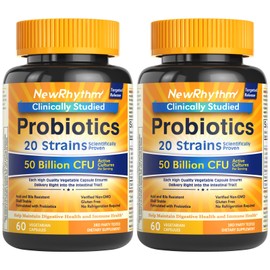 NewRhythm Probiotics 50 Billion CFU 20 Strains, 120 Veggie Capsules, Targeted Release Technology, Stomach Acid Resistant, No Need for Refrigeration, Non-GMO, Gluten Free
