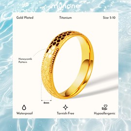 munone 4mm 18K Gold Plated Honeycomb Pattern Ring Textured Geometric Band, Stackable Minimalist Design Non Tarnish for Women
