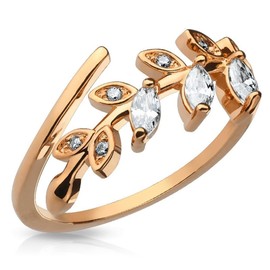 Bungsa Crystal Leaves Toe Ring Cubic Zirconia ~ Available in Gold, Rose Gold and Silver ~ Brass Rhodium for Women (Toe Ring Foot Jewellery Foot Ring Toe Ring Nail Ring Bendable Adjustable), Brass,