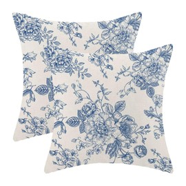 AEIOAE Chinoiserie Floral Pillow Covers 22 x 22 Inch Set of 2, Vintage Blue Flower Decorative Throw Pillow Covers Outdoor Linen Farmhouse Decor Pillowcase for Home Sofa