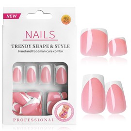 EternalClassic White French Tip Press on Nails Medium Square Press on Toenails Short Square Pink Fake Nails Press ons Glossy False Nails and Toe Nails Set 48pcs Acrylic Nails