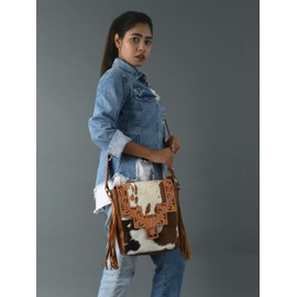 ADYAN Western Genuine Leather Floral Tooled Fringe Womens Crossbody Bag - Leather Cross Body Western Bag with Leather Strap for Women