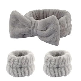 Luxury Plush Spa Headband & Wristbands Set for Skincare - Super Soft & Absorbent in Pink & Grey | Perfect for Makeup, headbands for women and teenage girls (Grey)