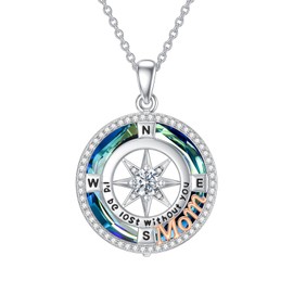TOUPOP I'd be Lost without You Compass Necklace for Mom/Sister/Nana/Daughter 925 Sterling Silver Compass Jewelry Gifts for Birthday Christmas Party, Sterling Silver, Crystal