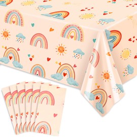 JarThenaAMCS 6Pcs Boho Rainbow Tablecloth Retro Rainbow Disposable Table Cover 54 x 108 Inch Hippie Plastic Rectangle Table Cloth for Baby Shower Birthday Party Decor Supplies