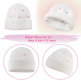 PEECABE Winter Hat for Baby Girls Heart Toddler Beanie Knitted Girl Beanies Hats Warm Skull Caps for Newborn Infant Girls (0-6 Months, White)