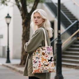 Ialtsidws Dog Lover Tote Bag - Aesthetic Canvas Tote with Adorable Multi-Dog Print | Cute Puppy Pattern Design, Gift for Dogs Mom & Pet Owners (Trendy Dogs Accessories, Stylish Pet Lover Bag)