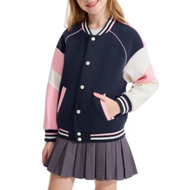 Rolanko Girls Letterman Varsity Jackets Kids Bomber Baseball Color Block Outwear Tops With Pockets (NavyPink, 9-10 Years)