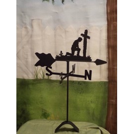 The Lazy Scroll Praying Man Cowboy Kneeling Before Cross Roof Mounted Weathervane Black Wrought Iron