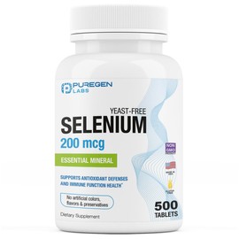 Puregen Labs Selenium 200 mcg Yeast Free Essential Mineral - 500 Vegetarian Tablets | Immune & Antioxidant Support | Non-GMO, Gluten Free, Made in USA