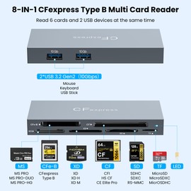8-in-1 CFexpress Type B Card Reader USB-C&USB-A 3.2 Gen2 10Gbps [Aluminum Shell & Durable Cable] Multi Card Adapter for CFexpress Type B/CF/XD/MS/TF/SD Compatible with Windows/Mac/Linux/Android, Grey