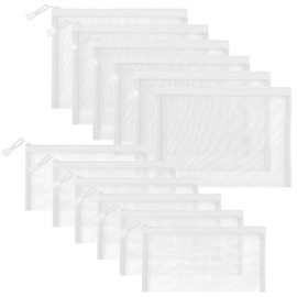 Sinzip 12 Pieces Zipper Nylon Mesh Pouch, Mesh Cosmetic Bags Makeup Bags Pencil Case, Multipurpose Travel Bags for Cosmetic School Office Supplies and Travel Accessories (White, A5+B6)